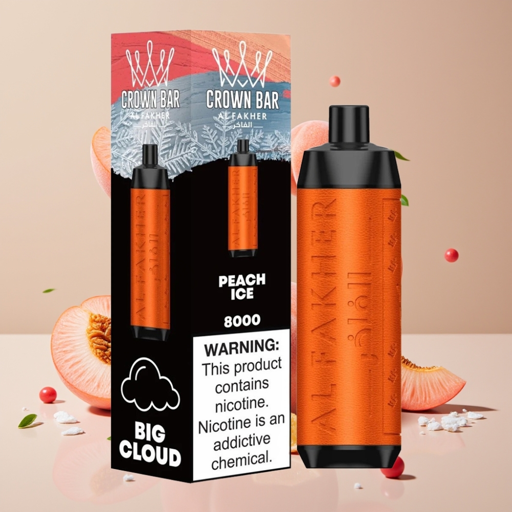 Al Fakher Crown Bar 8000 Crystal Vape til Engangsbrug Fersken Is Dansk Engros – 600mAh, 18ml, 5mg, 8000 Puffs