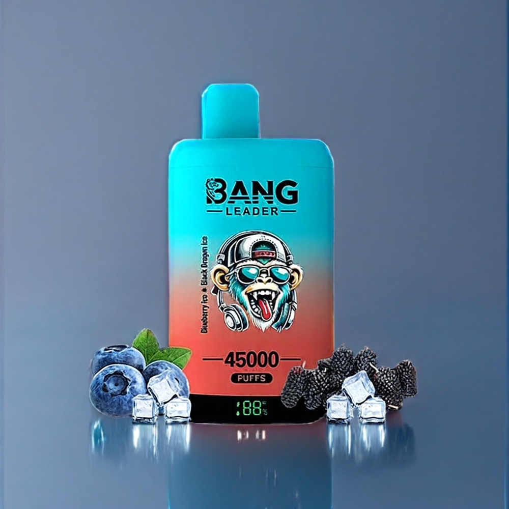 Bang Leader 45000 Puffs Engangs Vape Dansk Engros med Smart Skærm, Type-C USB og Dobbelsmag (Blåbær Is / Sort Drage Is)