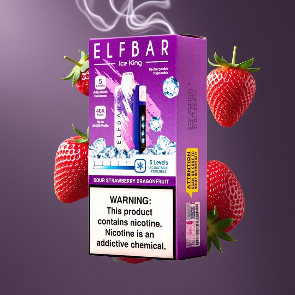 Elf Bar Ice King 40000 Puffs Engangs Damp Dansk Engros med 20ml E-væske, 5% Nikotin, Opladbar 850mAh Batteri, Sur Jordbær-Dragefrugt Smag