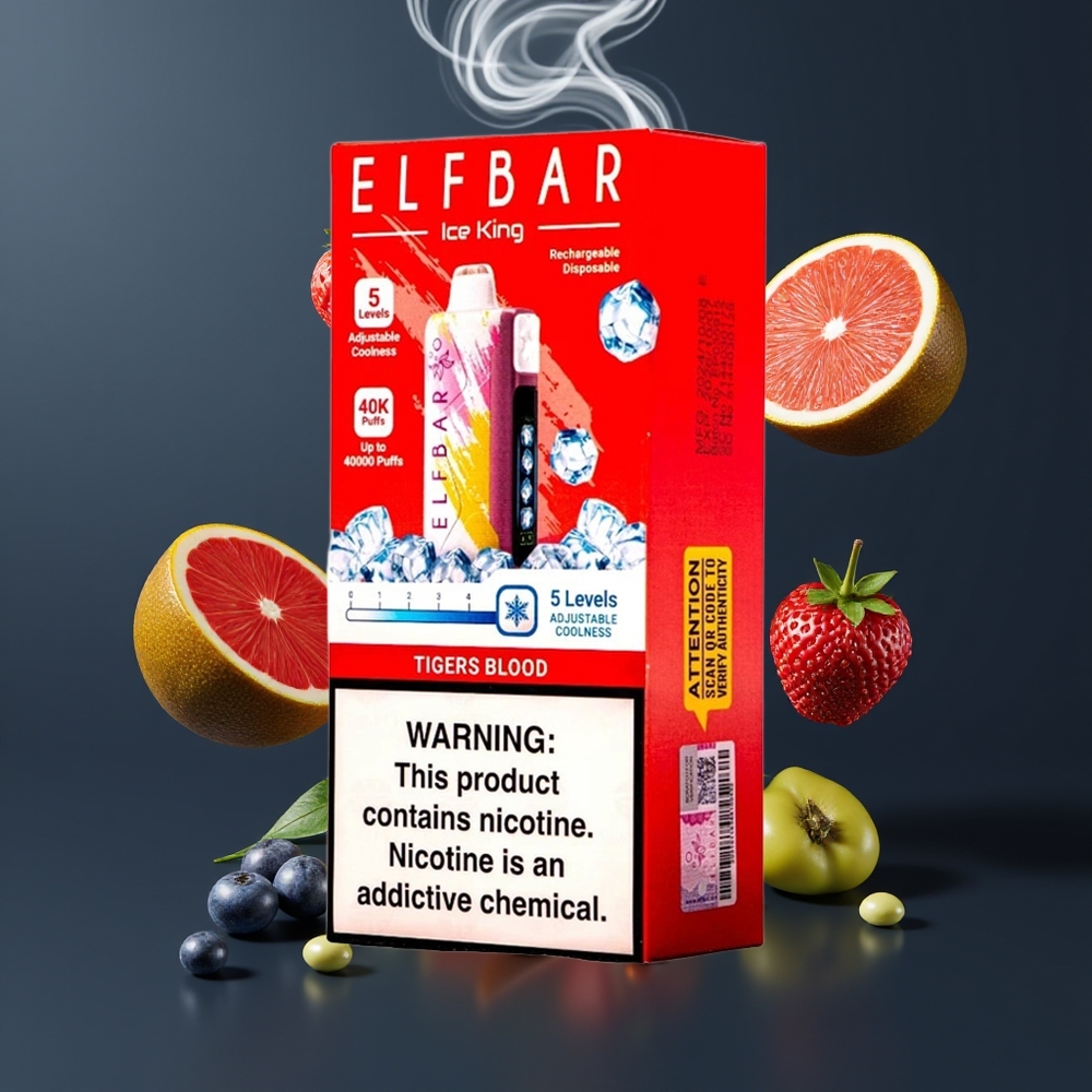 Elf Bar Ice King 40000 Puffs Genanvendelig Vape Dansk Engros med 20ml E-Væske, 5% Nikotin og Justerbar Køling Tigers Blod