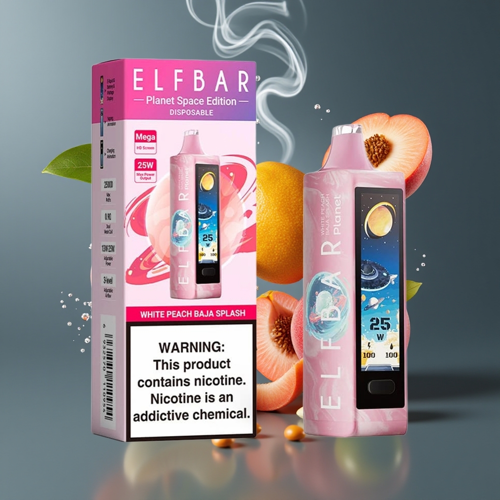 Elf Bar Planet 25000 Puffs Disposable Vape Hvid Fersken Baja Splash Dansk Engros - 5% Nikotin, 18ml, Opladningsbar