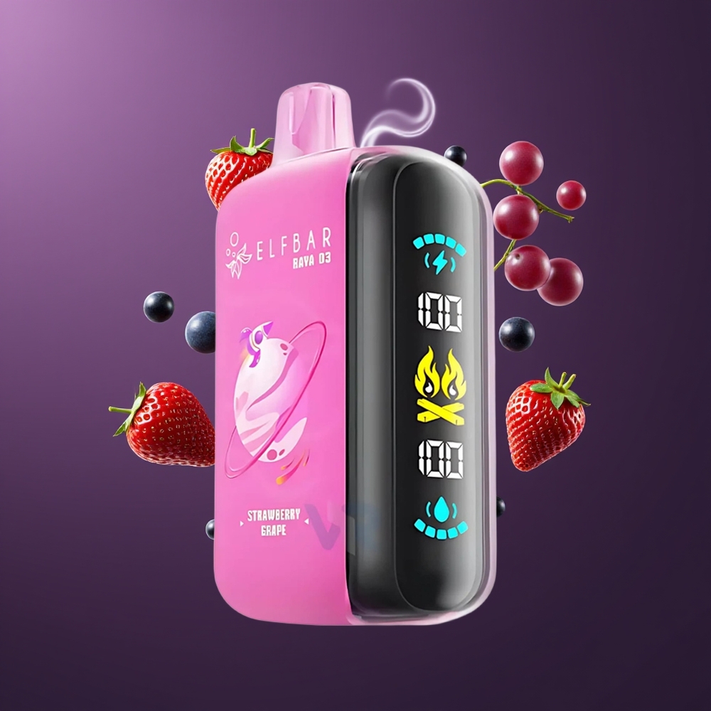 ELF BAR RAYA D3 25000 Puffs Dansk Engros Genanvendelig Vape med 23ml E-væske og 850mAh Opladningsbar Batteri – Jordbær Drue
