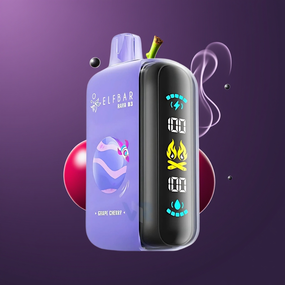 ELF BAR RAYA D3 25000 Puffs Disposable Vape Dansk engros med 23ml e-væske, 5% nikotin og Type-C opladning – Drue Kirsebær