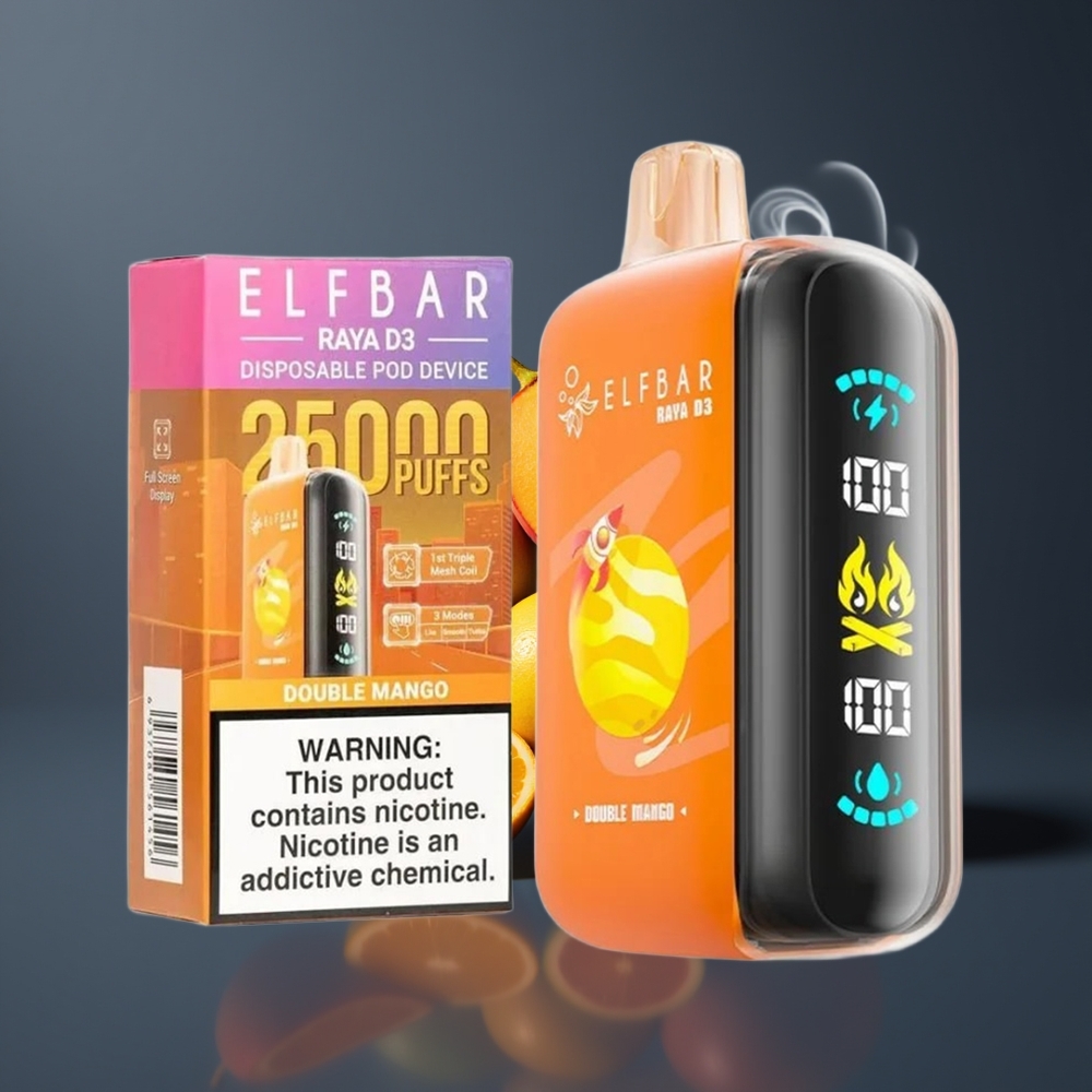 ELF BAR RAYA D3 25000 Puffs Engangs Damp Dansk Engros med 23ml E-væske, 850mAh Genopladelig Batteri og Dobbelt Mango Smag