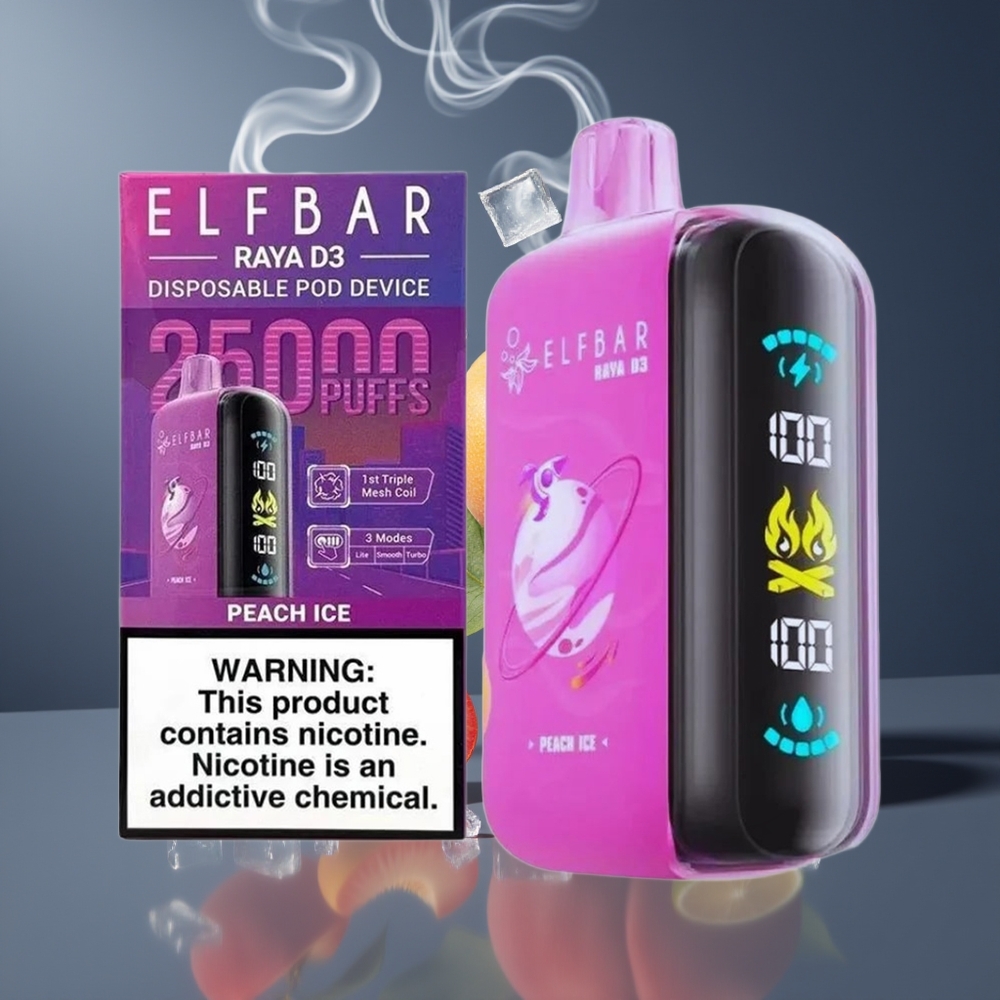 ELF BAR RAYA D3 25000 Puffs Engangs Vape Dansk Engros - 23ml 5% Nikotin - Fersken Is