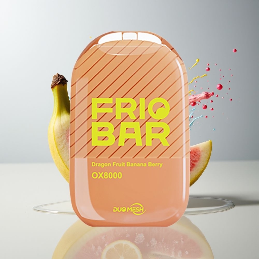 FRIOBAR OX8000 Dansk Engros 16mL 8000 Puffs 50mg USB-C Dragonfrugt Banan Bær Disposable Vape