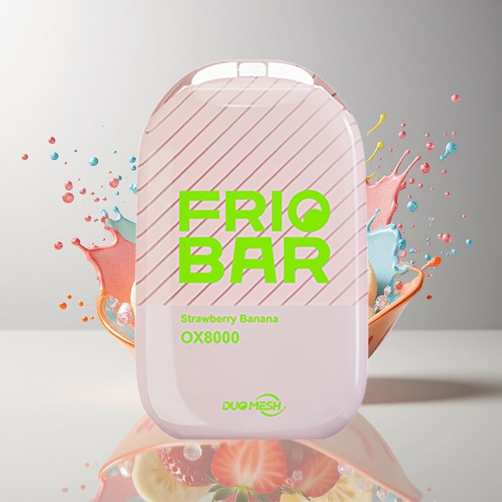 FRIOBAR OX8000 Dansk Engros 16mL 8000 Puffs 50mg USB-C Jordbær Banan Engangsvape