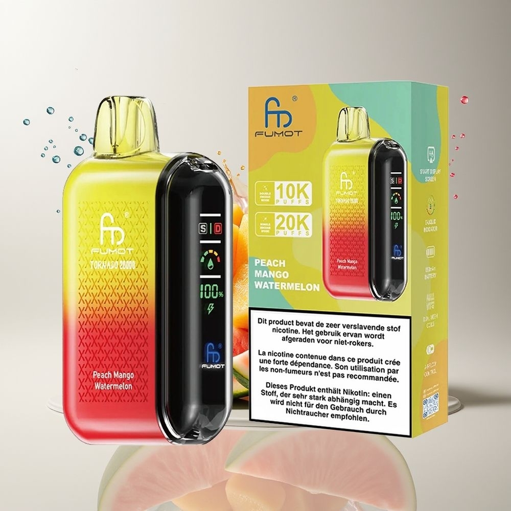 Fumot Tornado 20000 Puffs Dansk Engros – Dual Mesh Coil, 20ml E-væske, Peach Mango Vandmelon