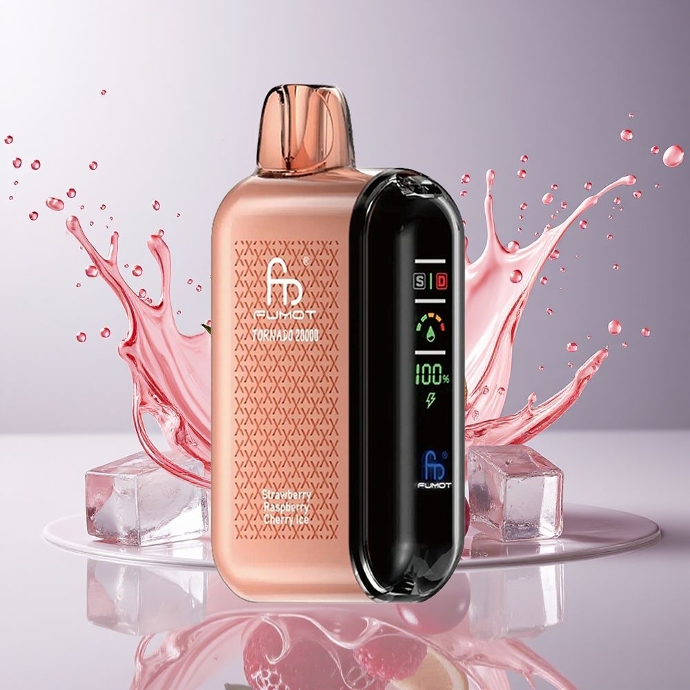 Fumot Tornado 20000 Puffs Dansk Engros med 20ml E-væske, Dual Mesh Coil og Jordbær Hindbær Kirsebær Is Smag