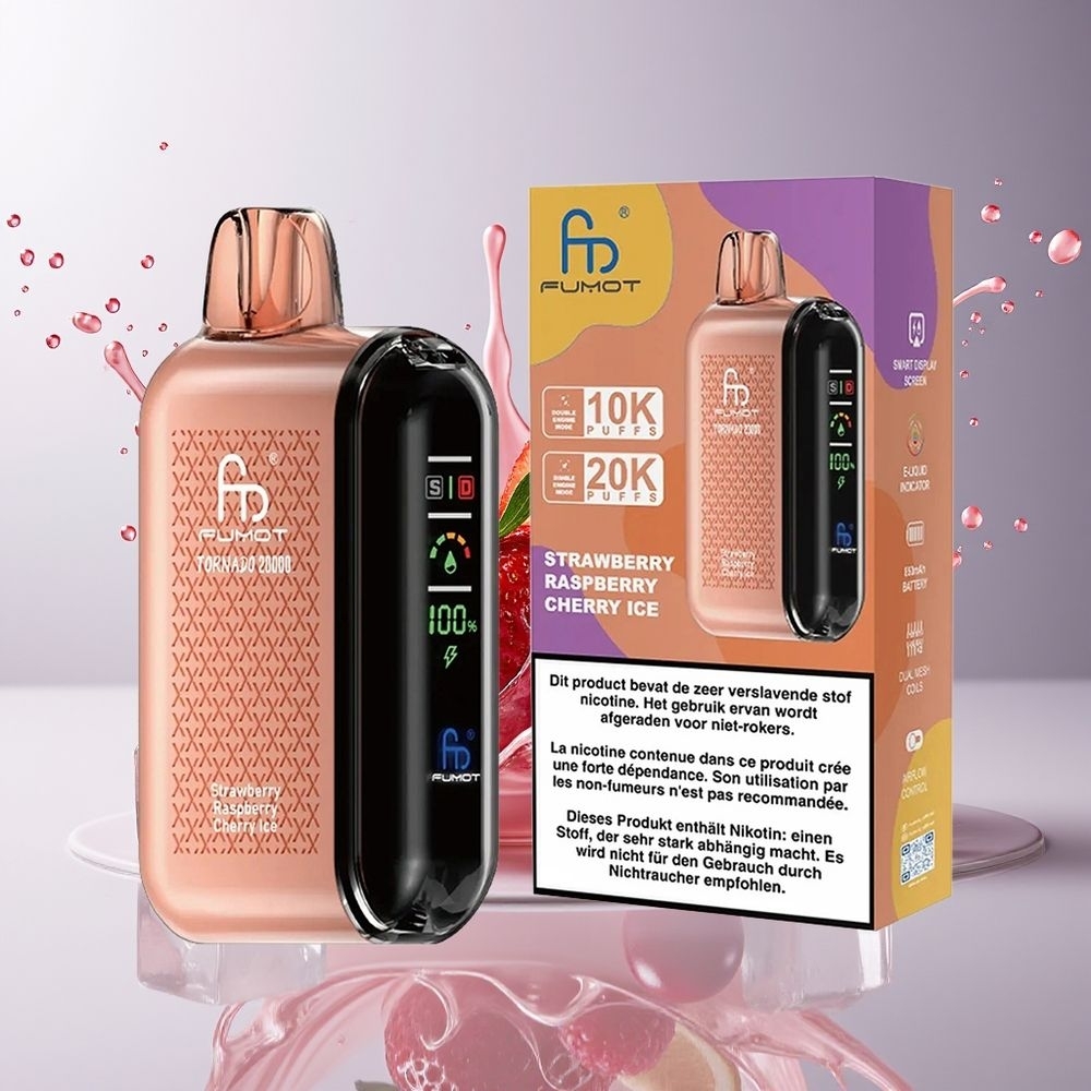 Fumot Tornado 20000 Puffs Dansk Engros med 20ml E-væske, Dual Mesh Coil og Jordbær Hindbær Kirsebær Is Smag