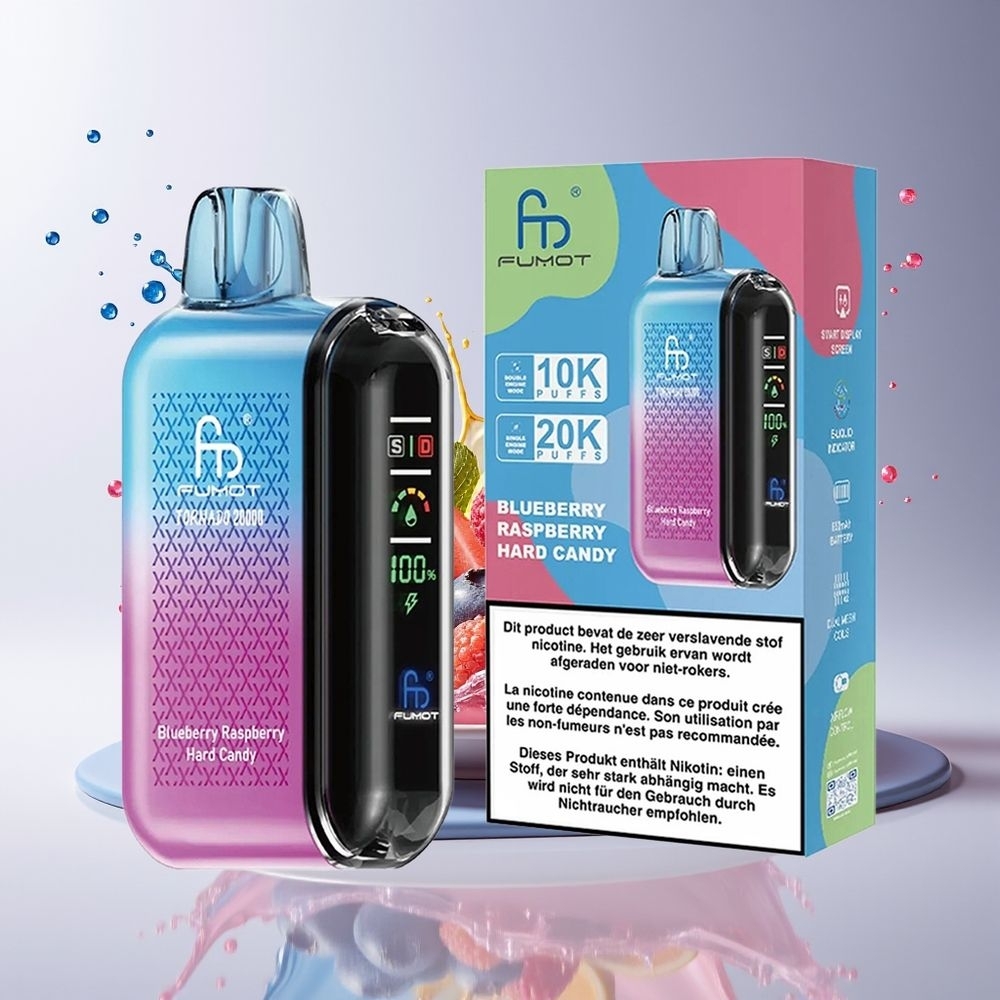 Fumot Tornado 20000 Puffs Dansk Engros med 20ml E-væske Kapacitet, Dual Mesh Coil og Blåbær Hindbær Smag