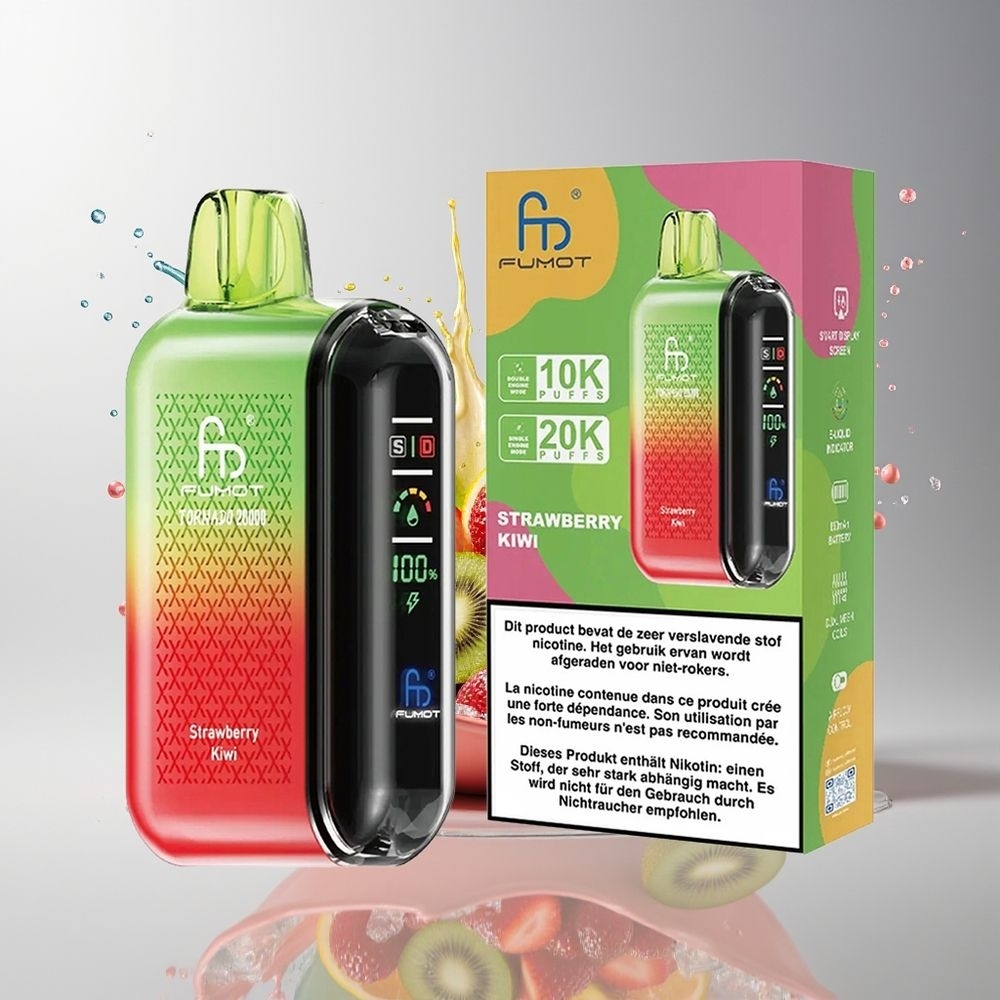 Fumot Tornado 20000 Puffs Dansk Engros med Dual Mesh Coil, 20ml E-liquid og Jordbær Kiwi Smag