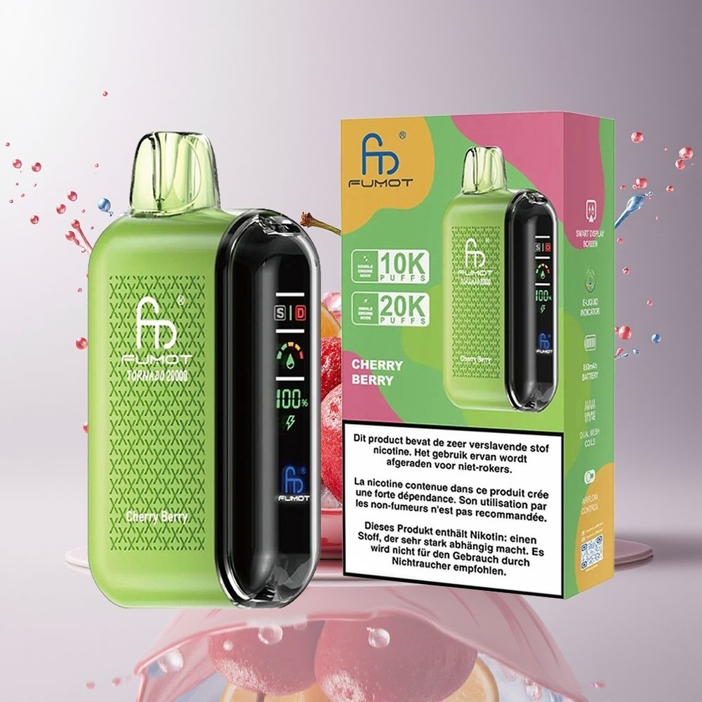 Fumot Tornado 20000 Puffs Dansk Engros med Dual Mesh Coil og Cherry Berry (Kirsebær-Bær)
