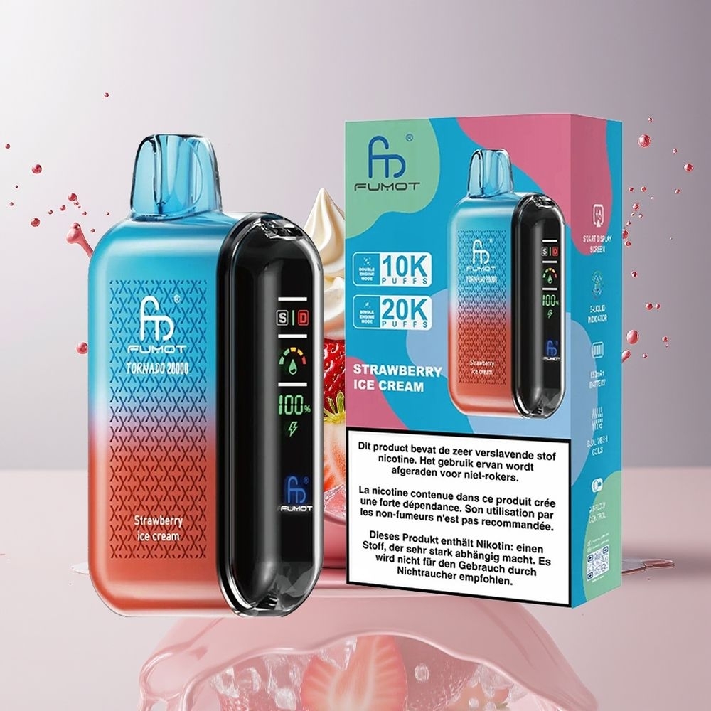 Fumot Tornado 20000 Puffs Dansk Engros med Dual Mesh Coil og Jordbær Iscreme