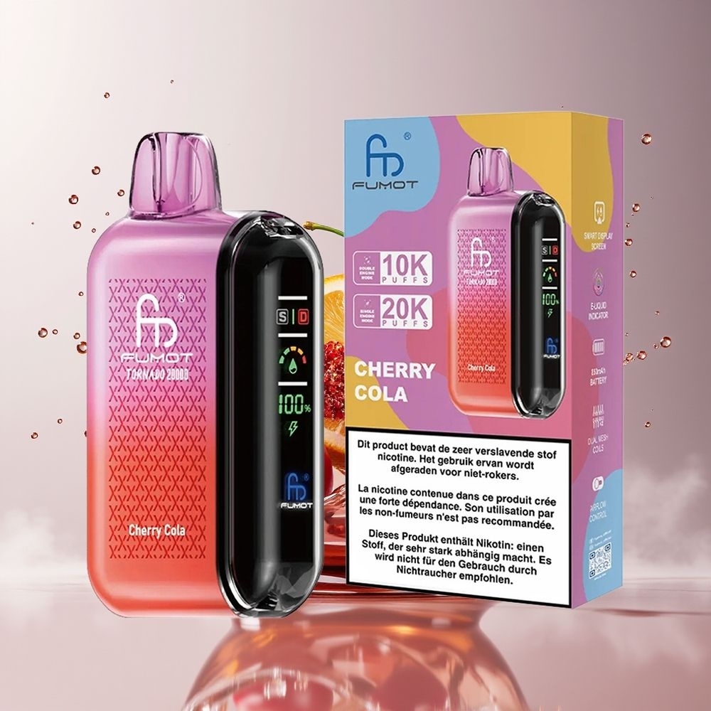 Fumot Tornado 20000 Puffs Dansk Engros med Dual Mesh Coil og Kirsebær Cola Smag