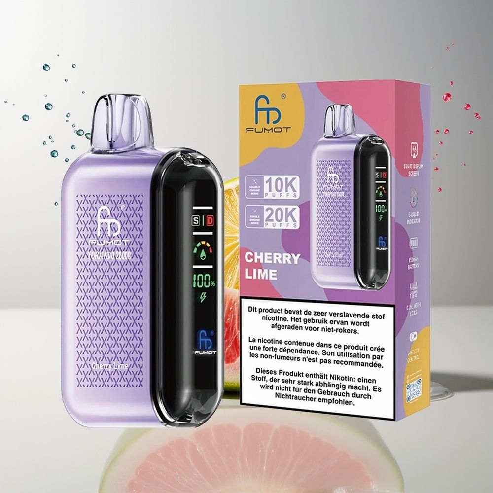 Fumot Tornado 20000 Puffs Dansk Engros med Dual Mesh Coil og Kirsebær-Lime Smag