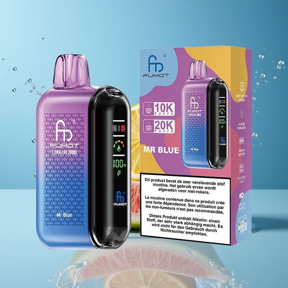 Fumot Tornado 20000 Puffs Dansk Engros med Dual Mesh Coil og Smart Display – Mr Blå
