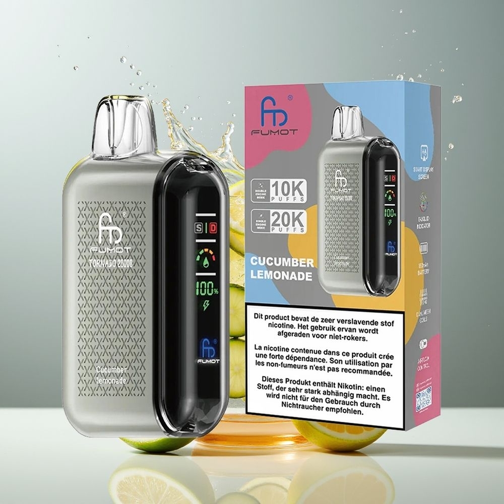 Fumot Tornado 20000 Puffs Dansk engros med Dual Mesh Coil, 20ml E-liquid og Agurk Lemonade