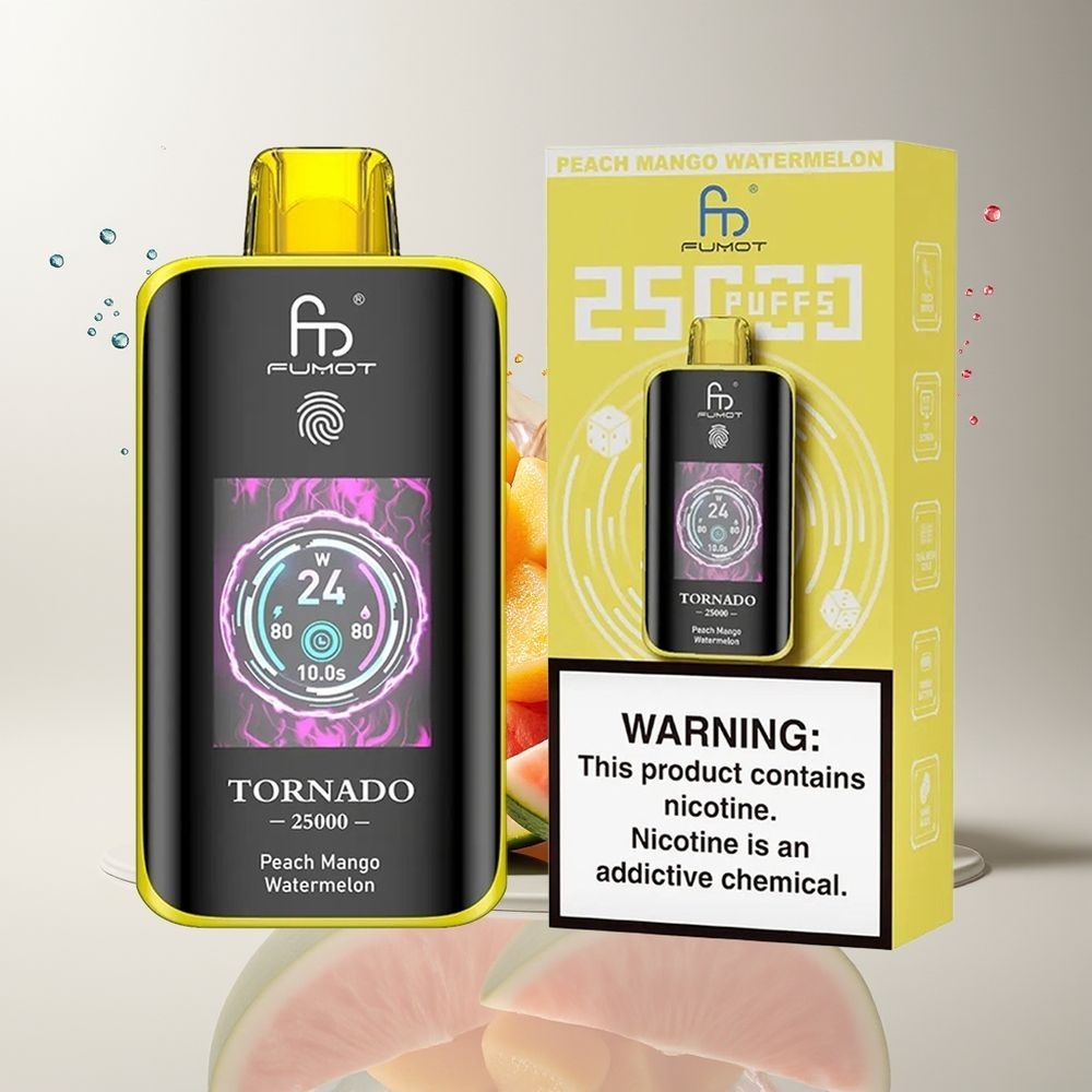 Fumot Tornado 25000 Puffs Dansk Engros med HD Skærm, 700mAh Batteri, 20ml E-væske, Fersken Mango Vandmelon