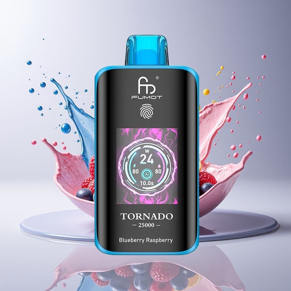 Fumot Tornado 25000 Puffs Dansk Engros med HD-skærm, 700mAh batteri og Blåbær Hindbær smag