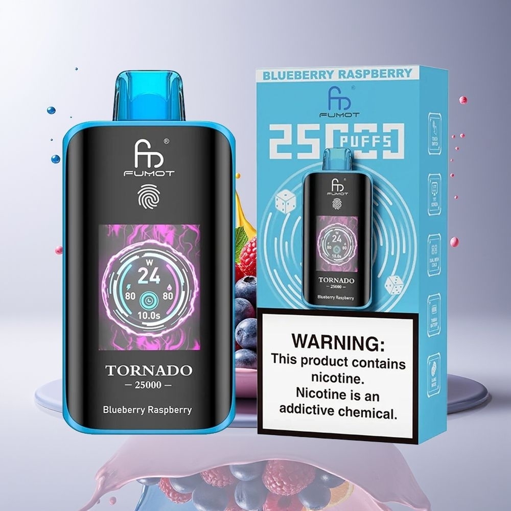 Fumot Tornado 25000 Puffs Dansk Engros med HD-skærm, 700mAh batteri og Blåbær Hindbær smag