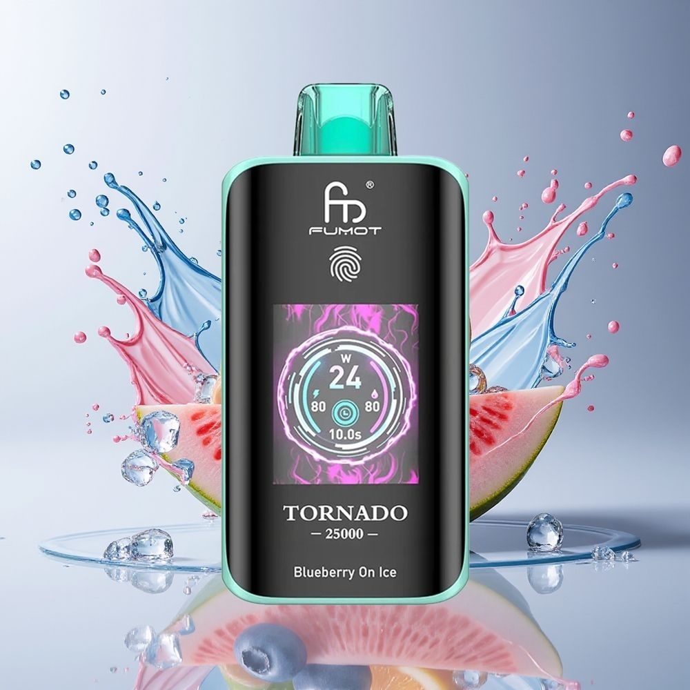 Fumot Tornado 25000 Puffs Dansk Engros med HD-skærm, 700mAh batteri og Blåbær På Is