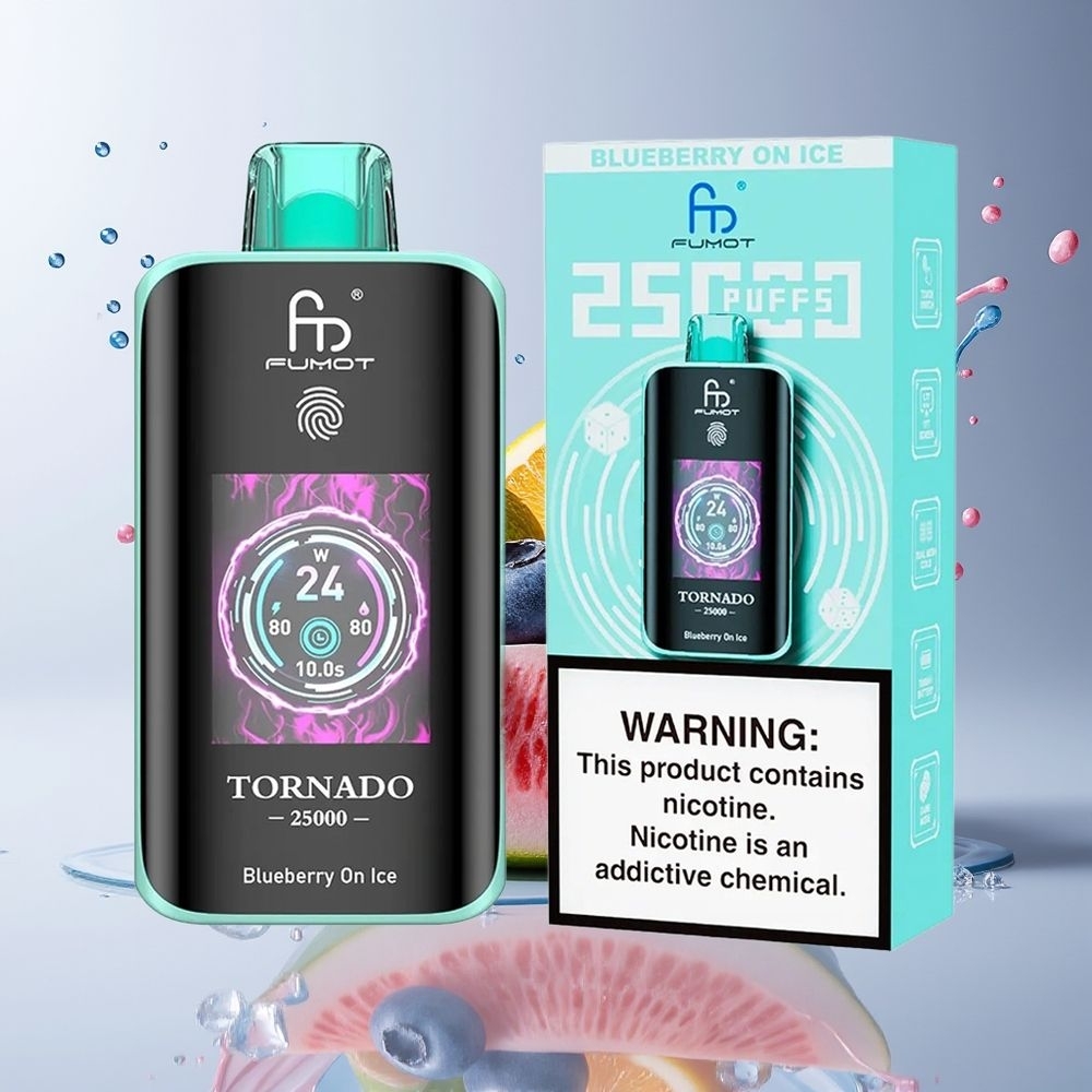 Fumot Tornado 25000 Puffs Dansk Engros med HD-skærm, 700mAh batteri og Blåbær På Is