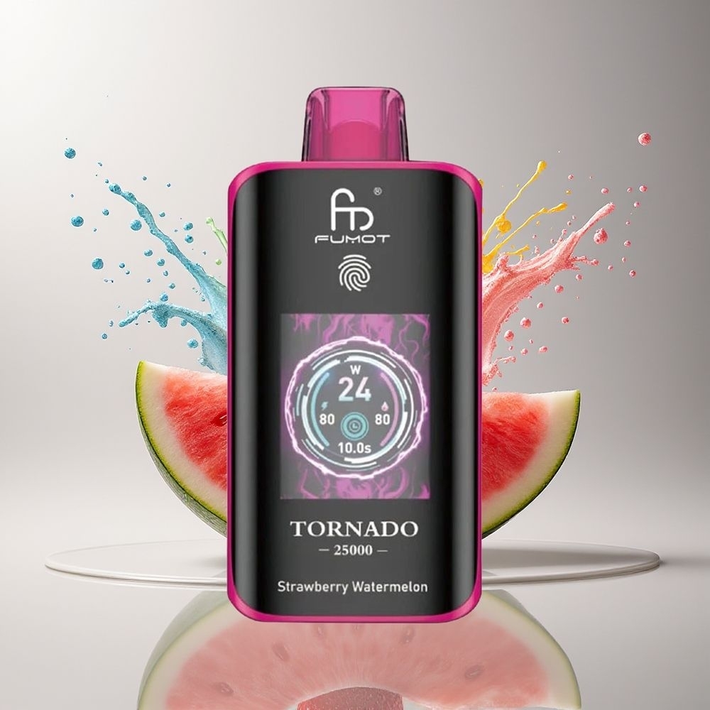 Fumot Tornado 25000 Puffs Dansk Engros med HD-skærm, 700mAh batteri og Jordbær-Vandmelon smag
