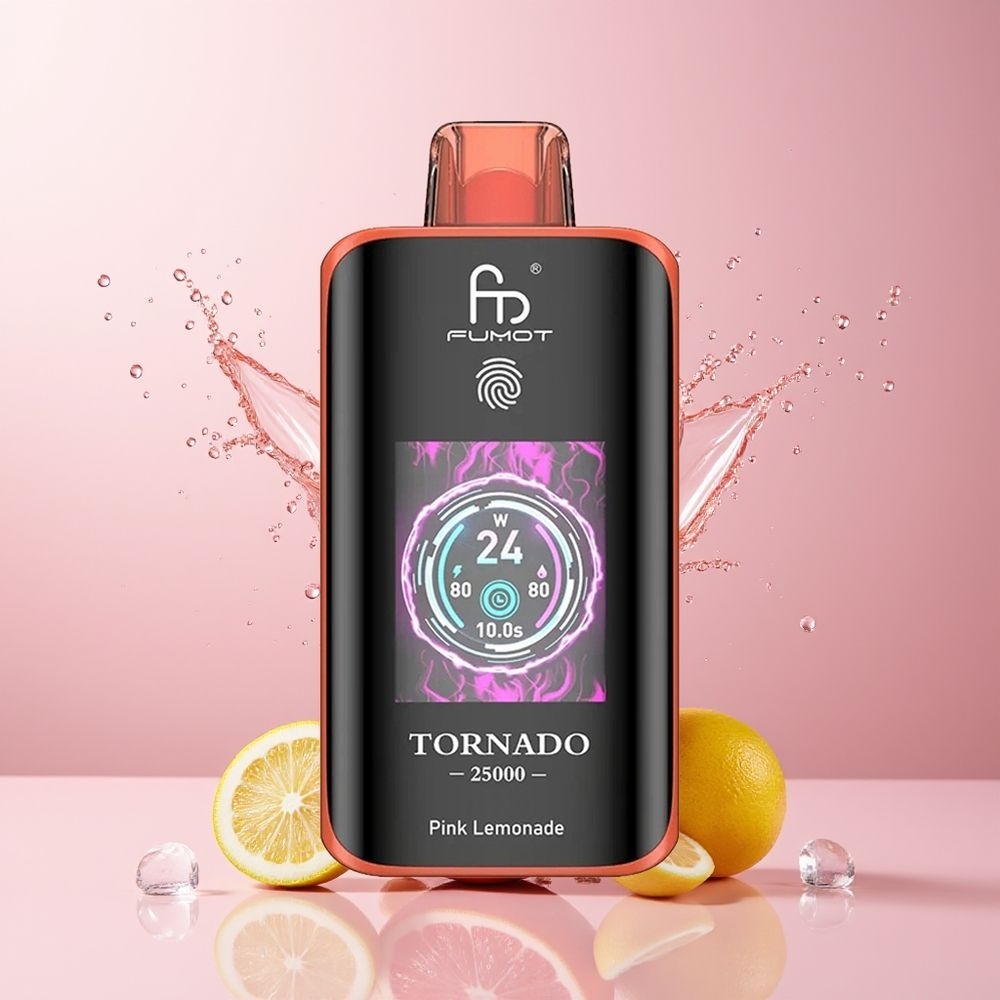 Fumot Tornado 25000 Puffs Dansk Engros med HD-skærm, 700mAh batteri og lyserød lemonade