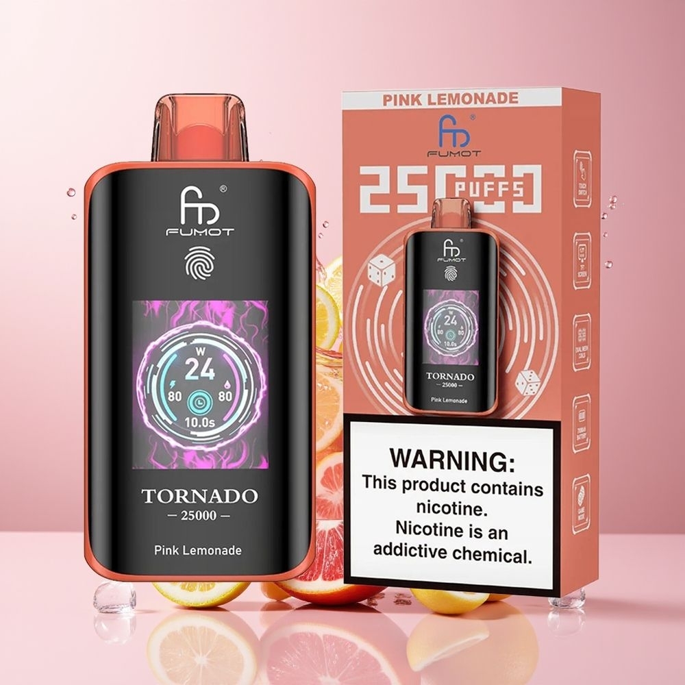 Fumot Tornado 25000 Puffs Dansk Engros med HD-skærm, 700mAh batteri og lyserød lemonade