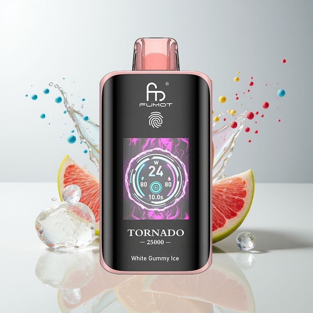 Fumot Tornado 25000 Puffs Dansk Engros med HD-skærm, 700mAh genopladelig batteri, 20ml forfyldt e-væske, Hvid Gummibamse Is