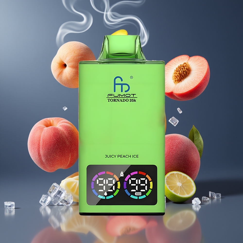 Fumot Tornado 35K Dansk Engros Disposable Vape med Dual Mesh Coil, 15ml E-juice og Juicy Peach Is