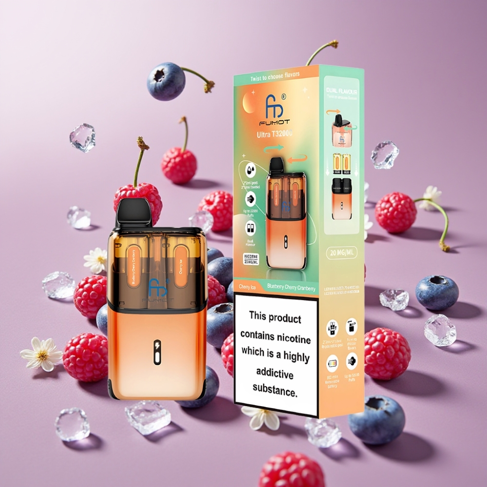 Fumot Ultra T32000 Dansk Engros Vape til Engangsbrug med 24ml E-Væske, 800mAh Batteri & Blåbær Kirsebær Tranebær & Kirsebær Is