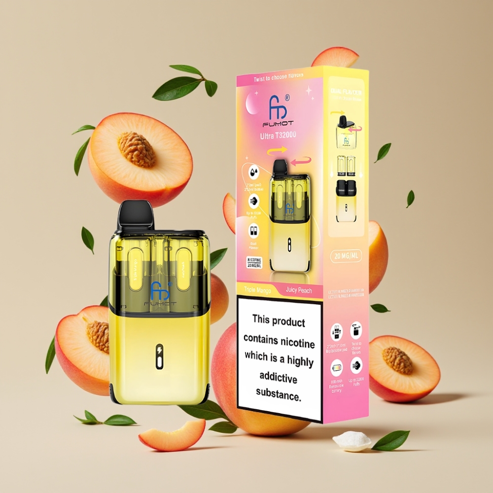 Fumot Ultra T32000 Dansk Engros Vape til Engangsbrug med 32000 Puffs, 800mAh Batteri & Triple Mango & Juicy Peach (2x2ml + 2x10ml)