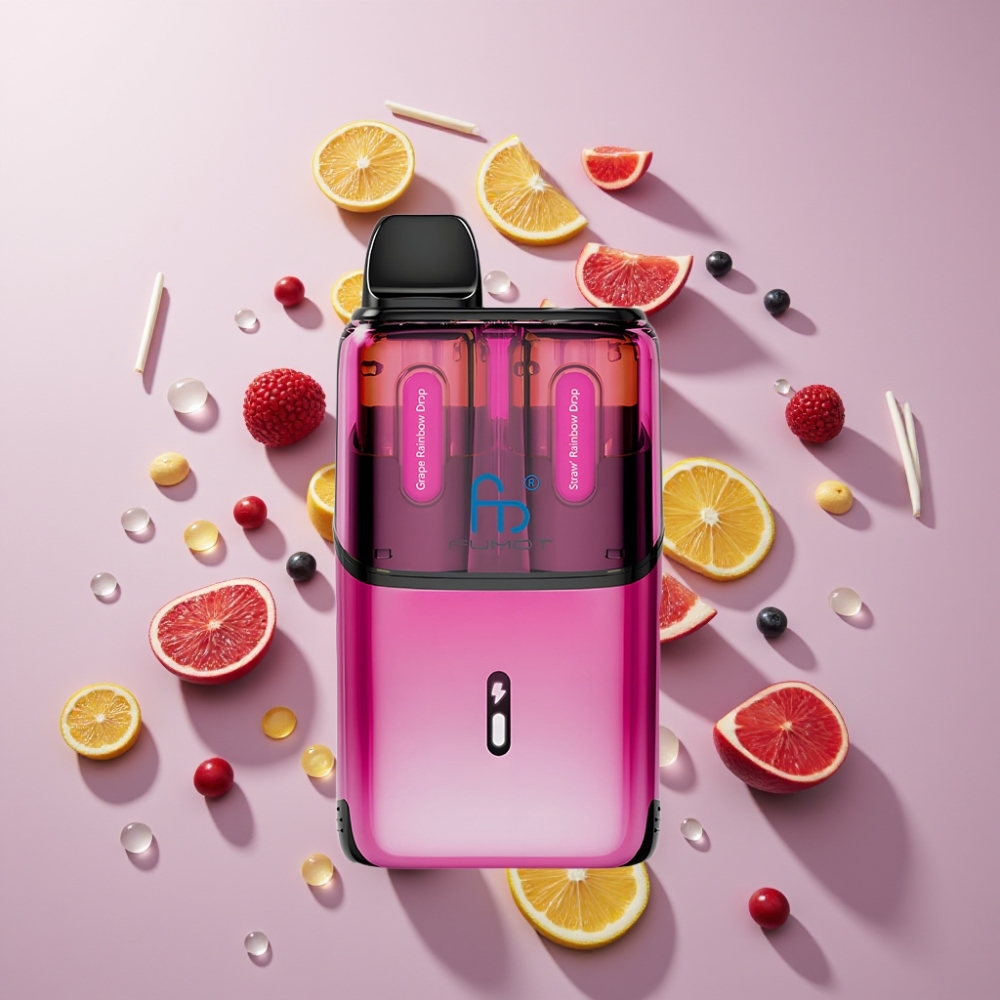 Fumot Ultra T32000 Dansk Engros Vape til Engangsbrug med 32000 puff, 800mAh batteri og Type-C opladning - Drue Regnbue Dråber & Jordbær Regnbue Dråber