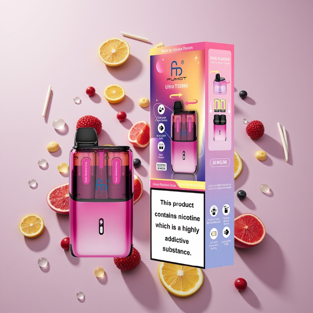 Fumot Ultra T32000 Dansk Engros Vape til Engangsbrug med 32000 puff, 800mAh batteri og Type-C opladning - Drue Regnbue Dråber & Jordbær Regnbue Dråber