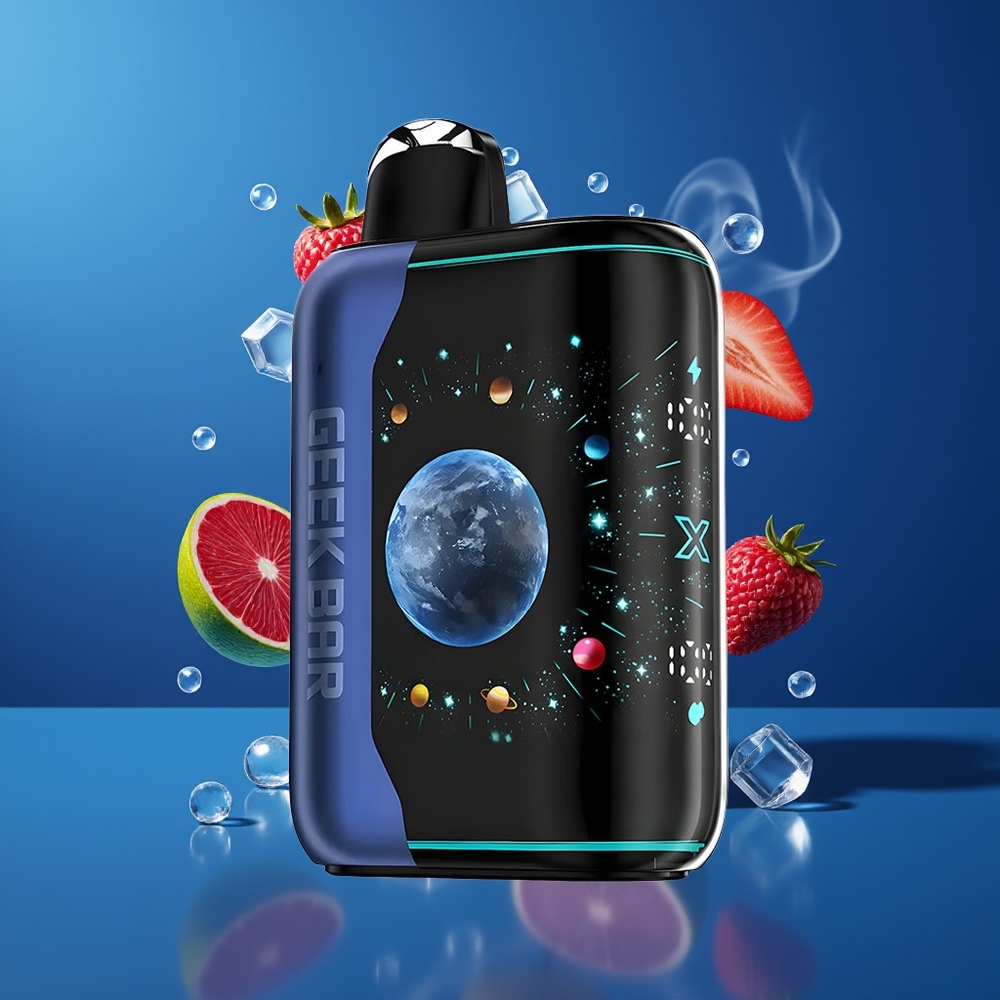 GEEK BAR Platinum Edition Dansk Engros 25000 Puffs Blå Hindbær Is med 3D-buet Skærm og Matte Platinum Finish