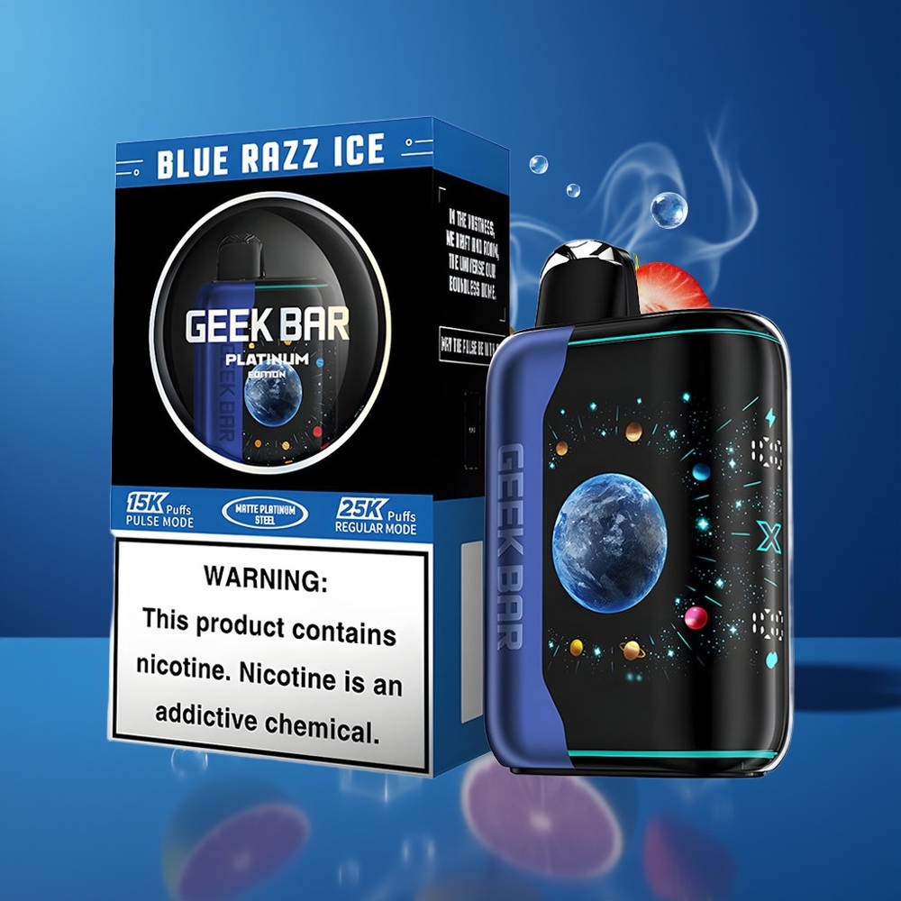 GEEK BAR Platinum Edition Dansk Engros 25000 Puffs Blå Hindbær Is med 3D-buet Skærm og Matte Platinum Finish