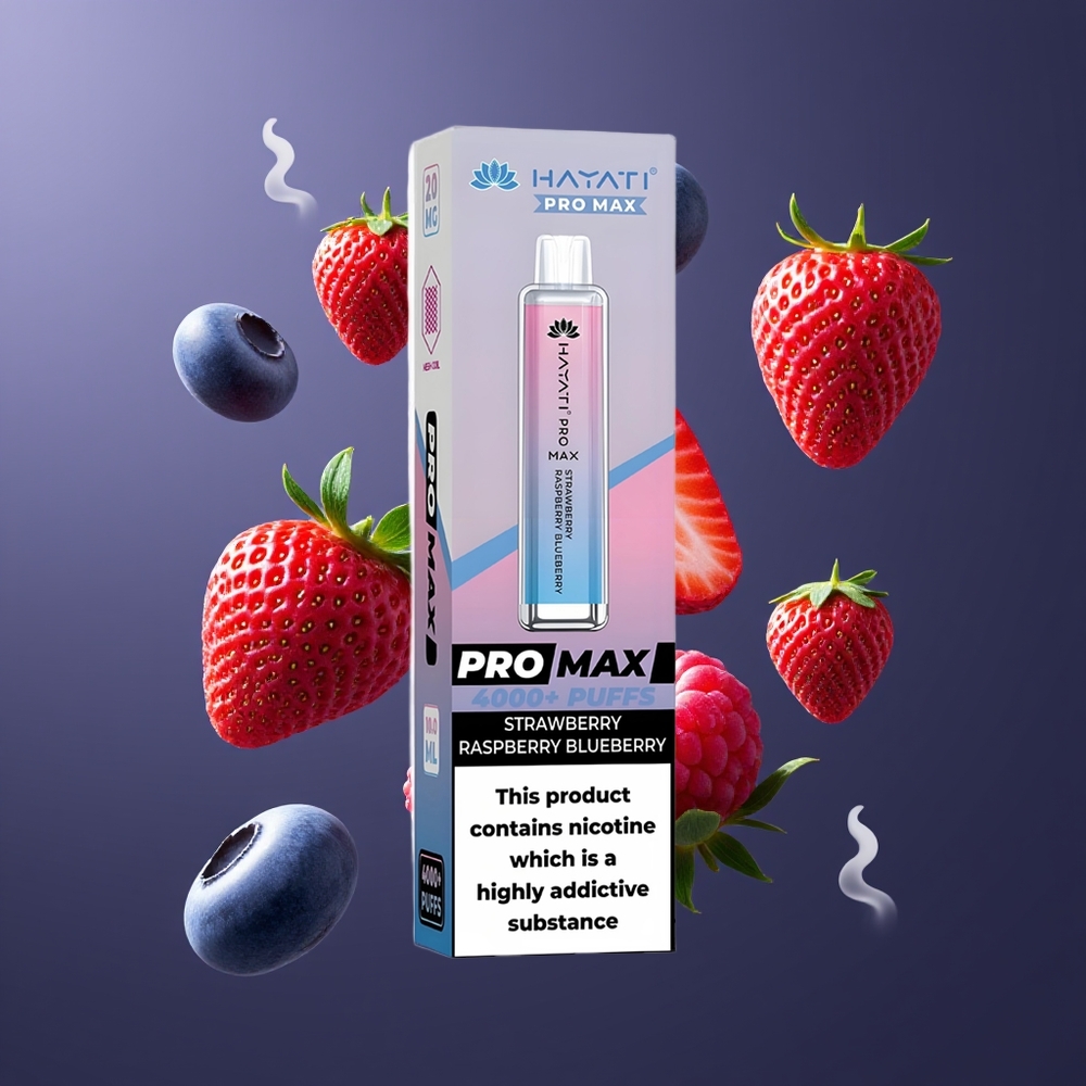 Hayati Pro Max 4000 Puffs Engangs Vape Dansk Engros – Jordbær, Hindbær, Blåbær – 2ml Tank, 1400mAh Genopladelig Batteri, 5% Nikotin