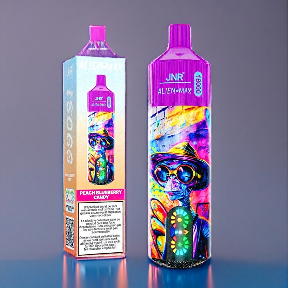 JNR Alien Max 18000 Puffs Fersken Blåbær Slik Dansk engros med Smart LED Display & Dobbelt mesh spole