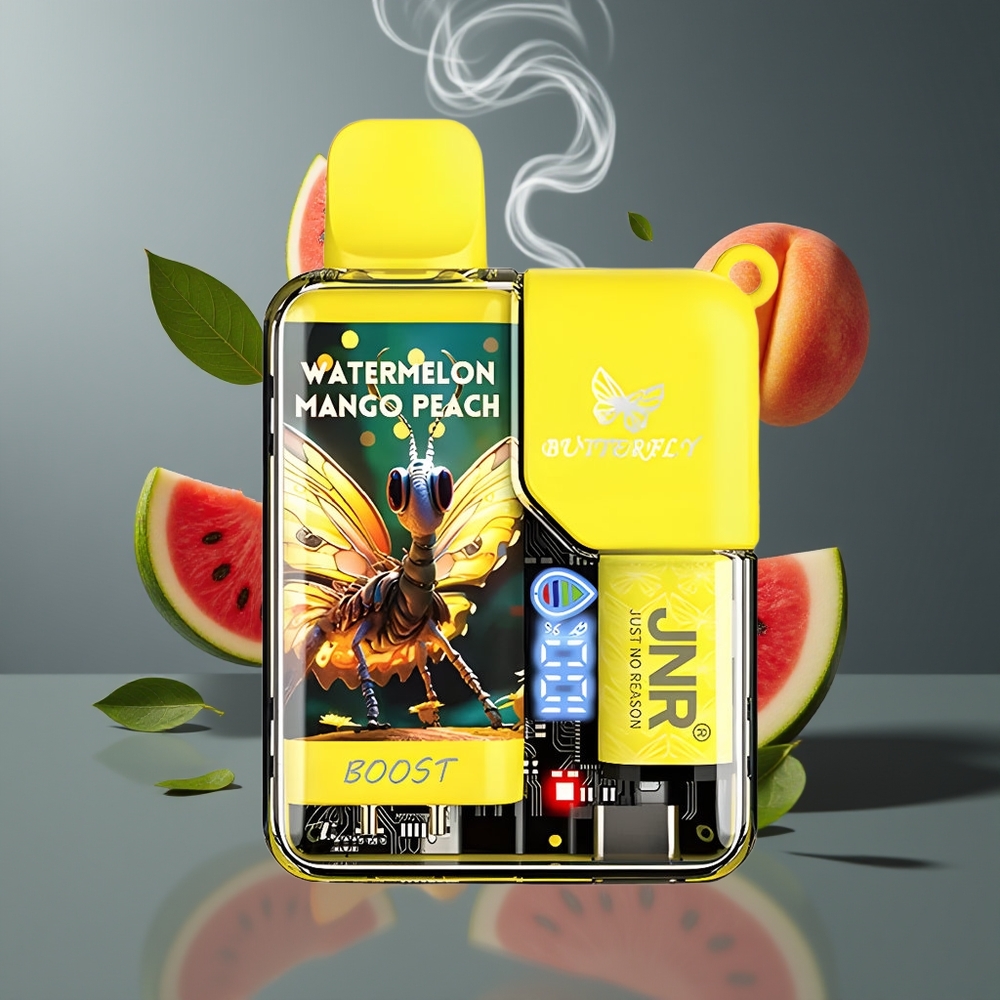 JNR Butterfly 8500 Puffs Dansk Engros Disposable Vape med Digital Display & 15ml Vandmelon Mango Fersken