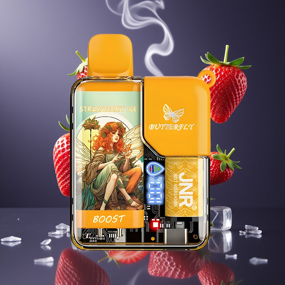 JNR Butterfly 8500 Puffs Dansk Engros – Transparent Krop Med Bånddesign, 15ml E-væske, Jordbær Is