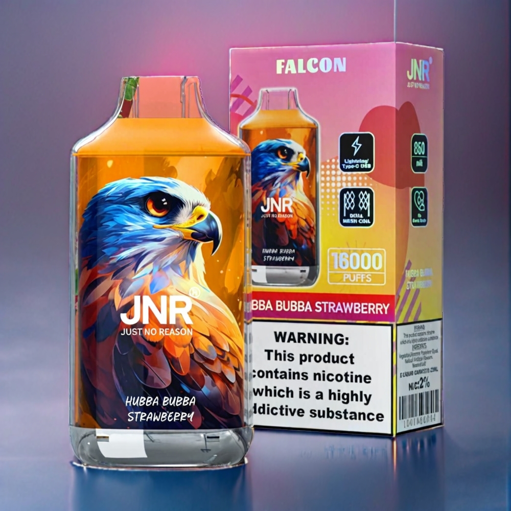 JNR Falcon 16000 Puffs Dansk Engros - 850mAh, 22ml, Dobbelt mesh spole, Type C & Lightning, Smart LED Display, Hubba Bubba Jordbær