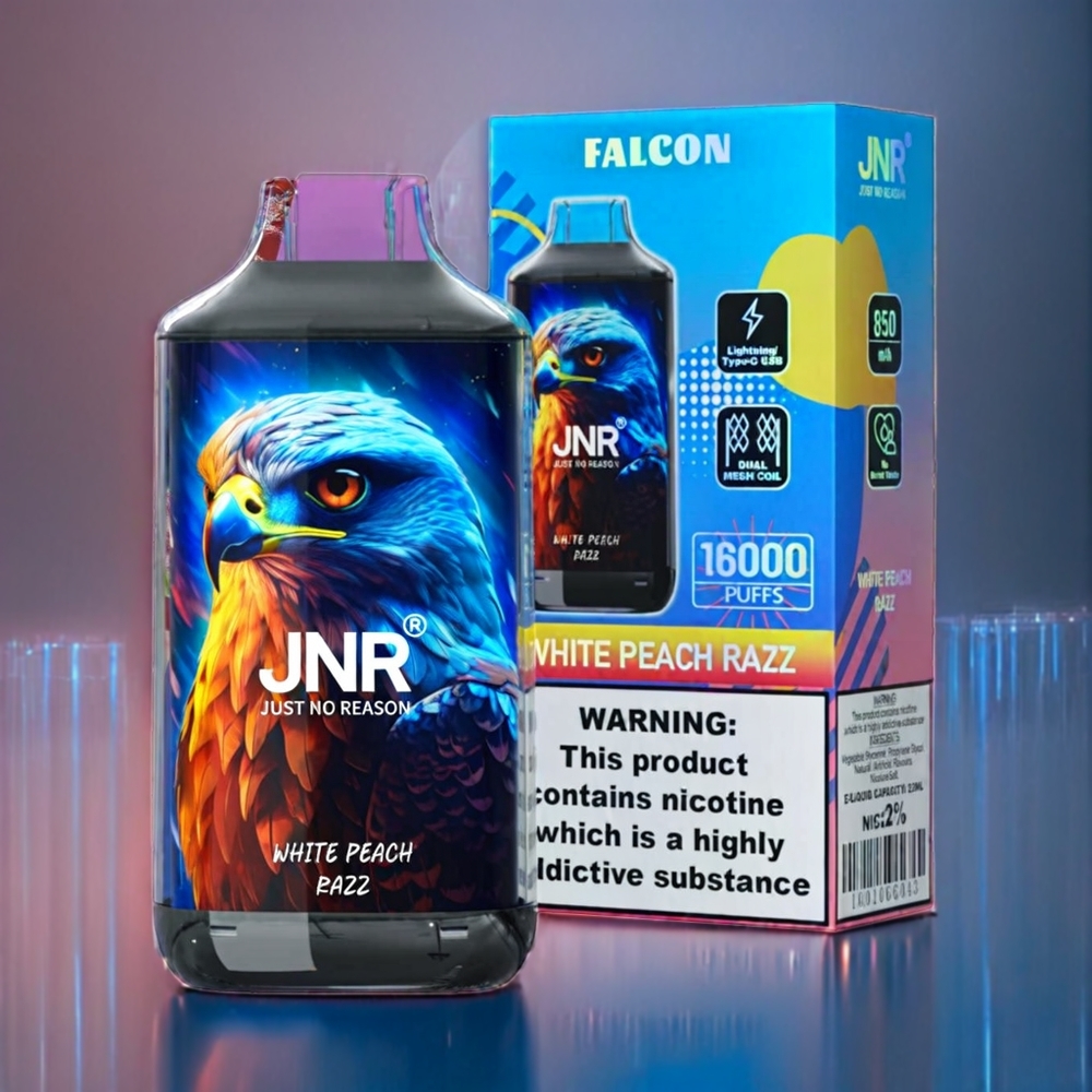 JNR Falcon 16000 Puffs Dansk engros - 850 mAh, 22ml, Dobbelt mesh spole, Type C & Lynopladning, Smart LED Display, Hvid Fersken Razz