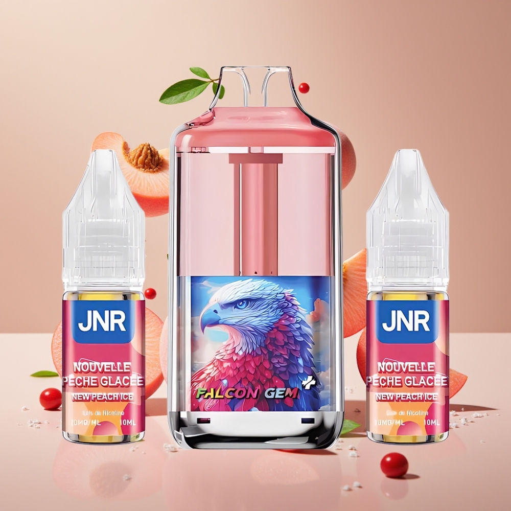 JNR Falcon GEM⁺ 30000 Puds Refillable Pod Vape med Synlig E-væske Tank, Topfyldningsdesign og 950mAh Batteri - Dansk Engros - Ny Fersken Is
