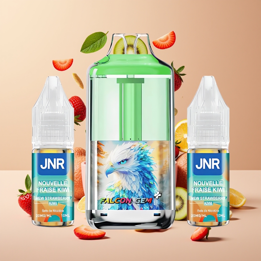 JNR Falcon GEM⁺ 30000 Puffs Genopfyldelig Pod Vape med Synlig E-væske Tank, 950mAh Batteri og Jordbær-Kiwi Smag – Dansk Engros