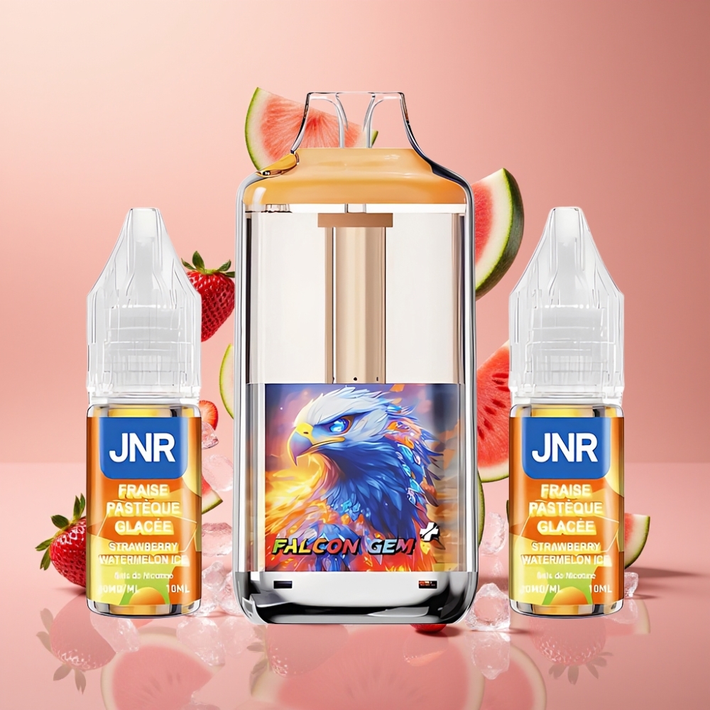JNR Falcon GEM⁺ 30000 Puffs Genopfyldelig Pod Vape med Synlig E-væske Tank, 950mAh Batteri og Jordbær Vandmelon Is Smag – Dansk Engros