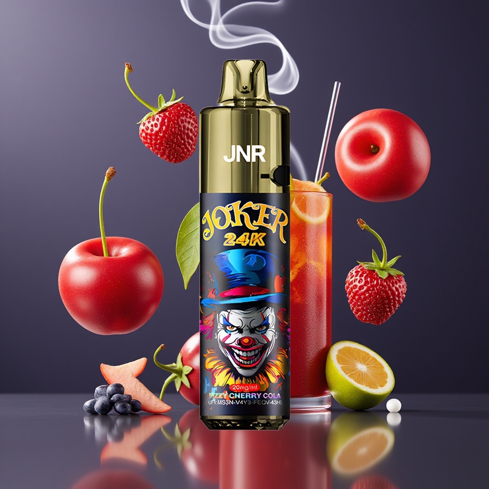 JNR Joker 24K Puffs Dansk Engros Genopfyldelig Disposable Vape med Synlig E-væske og 800mAh Batteri – Sprudlende Kirsebær Cola