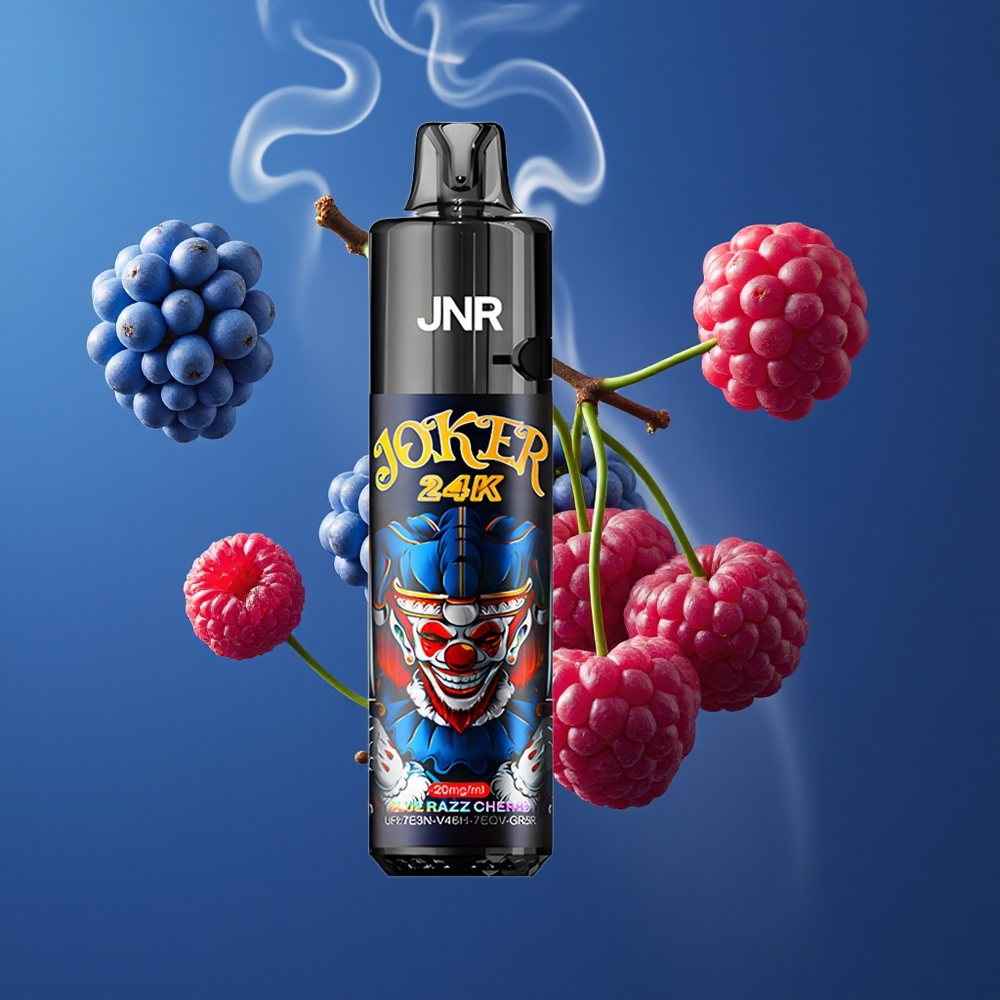 JNR Joker 24K Puffs Dansk Engros Refillable 2+10ml Disposable Vape Blå Hindbær Kirsebær