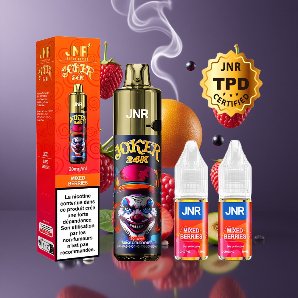 JNR Joker 24K Puffs Dansk Engros Refillbar Pod med Synligt E-væskeniveau & 800mAh Batteri - Blandede Bær